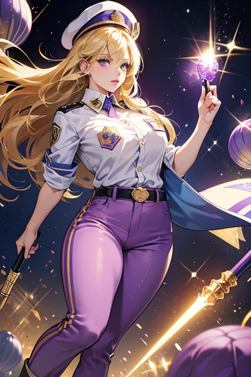 She is a lavender jellybean-shaped  with darker lavender lips and blonde hair. She wears a white shirt with a big gold badge on it, blue pants with a red stripe, black shoes, and a blue police hat. She also regularly carries a police baton. SPARKLE; GLITTER