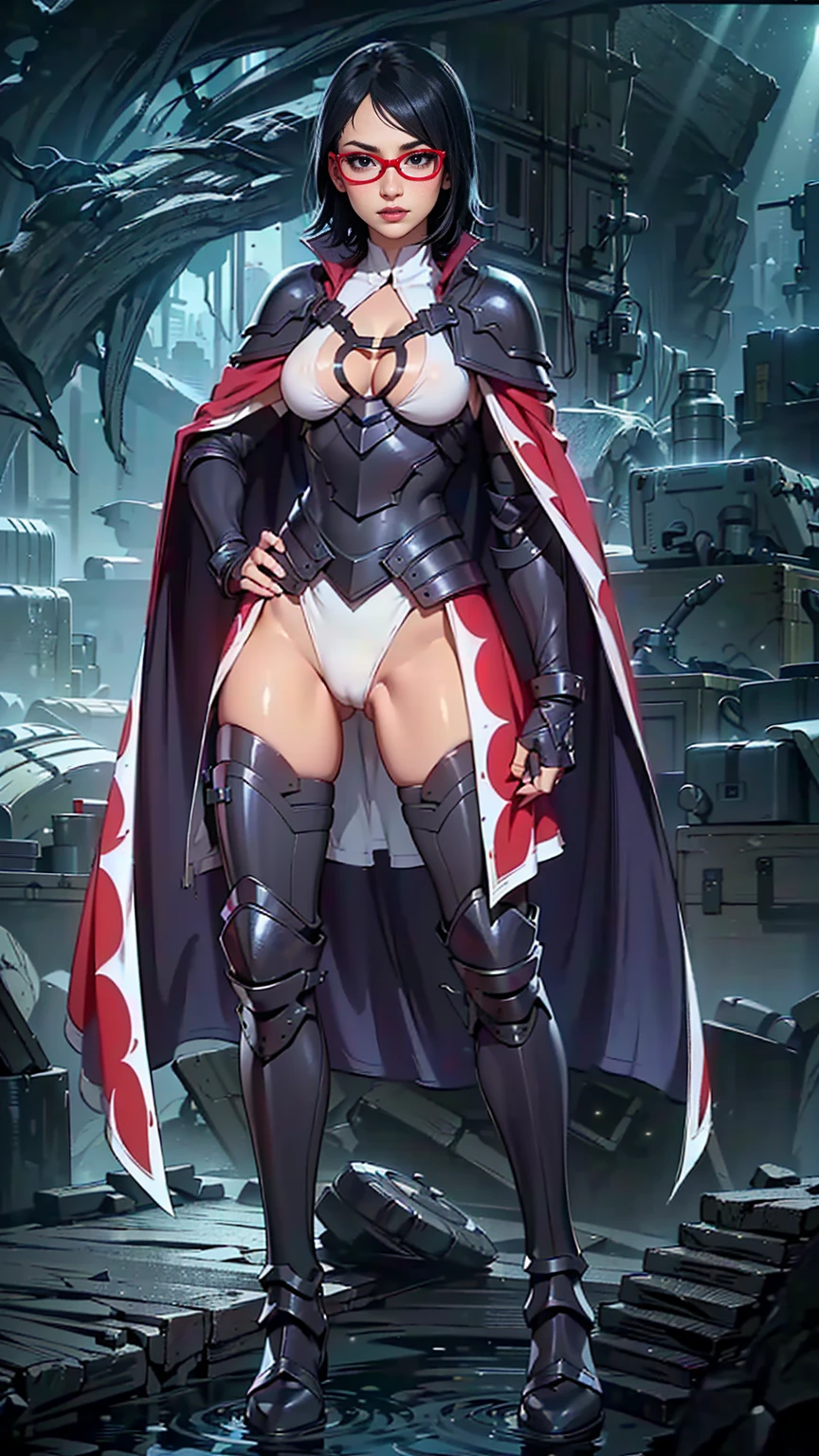 (1girl, Alone, alone), (WakatsukiRisa, Sarada uchiha, black hair, short hair, Black eyes, red glasses), ((Alone, (1woman, (big breasts) pink lipstick, Black eyes), extremely detailed , Soft ambient lighting, 4K, perfect eyes, a perfect face, Perfect Lighting, the 1 girl)), ((fitness, , shapely body, athletic body, toned body)) , ((black armor, white swimsuit, black gauntlets, red cape, armor breastplate,, cape, black shoulder pad, dark armor, leg armor, cave, rays of light, cracks of light))