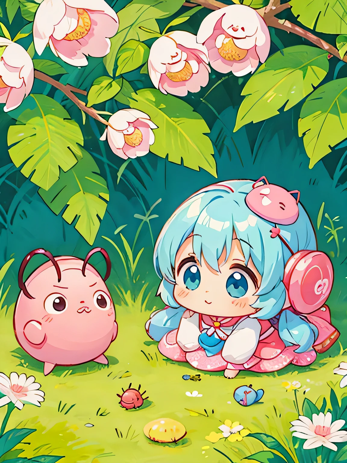 Momoko Sakura style, Kawaii Design, Chibi, beautiful spring afternoon、lovely colorful pillbug