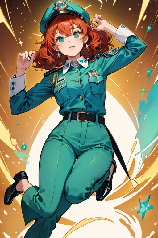 She is a light green that is roughly shaped like a jellybean with balding red curly hair. She wears the police uniform of a blue cap and pants, a white collared long-sleeved shirt with a smaller golden star-shaped badge, and black shoes. SPARKLE; GLITTER