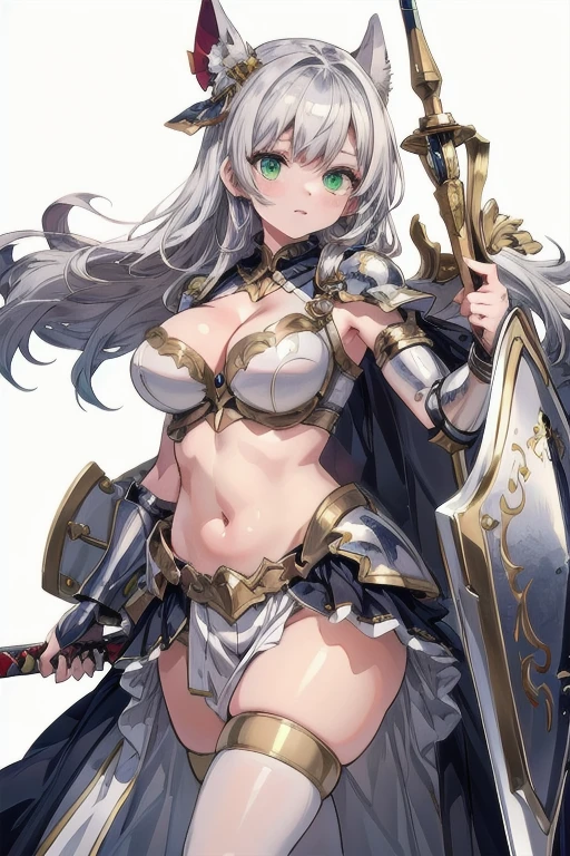 masterpiece,best quality, knight, long hair, silver hair, green eyes,((1girl)), (white_armor), golden ornaments, sword, shield, ((holding sword)), ((big breasts)), exposed belly, 1girl, cleavage, legs exposed, ((shield-over_arm)), ((Perfect face)), (white background:1.5),add_detail:1, add_detail:0, add_detail:0.5