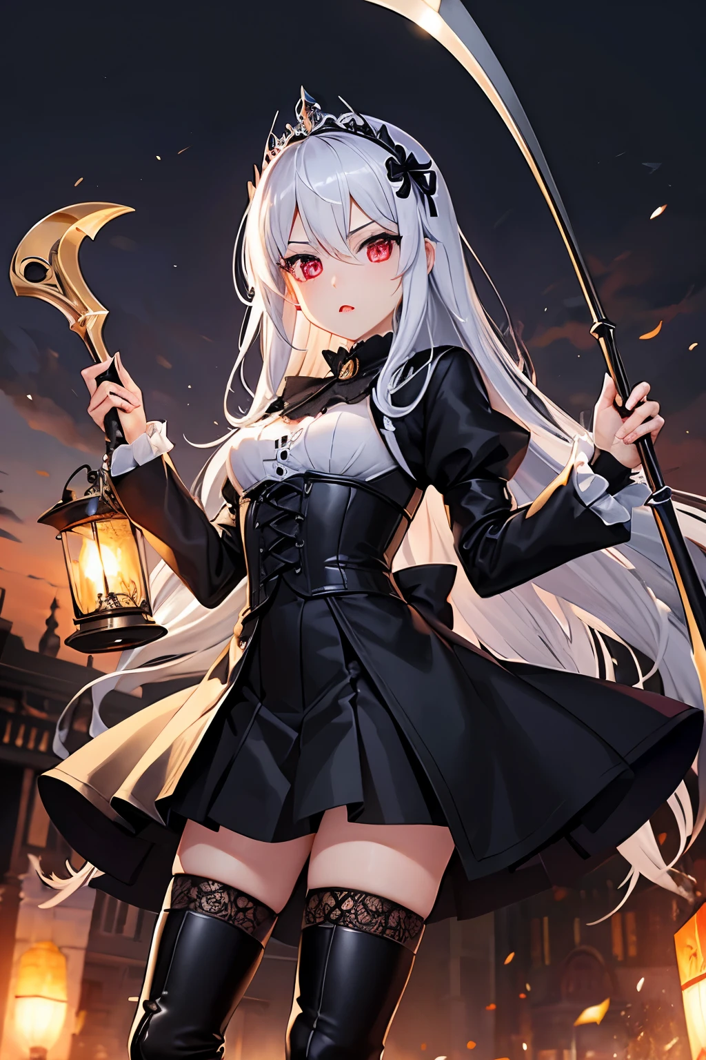 （（（highest quality、Masterpiece、Normal body、8k、Detailed face、Ultra-precision、Normal hand、Normal finger、５Finger、supreme）））Golden and silver hair、Princess、Gorgeous Dress、Racy hiny Tiara、night armor、Metal Boots Grim Reaper、grim Reaper、Helper Reaper、背後にgrim Reaperの軀、背景にgrim Reaperの躯、後ろにgrim Reaperの骸、バックにgrim Reaper