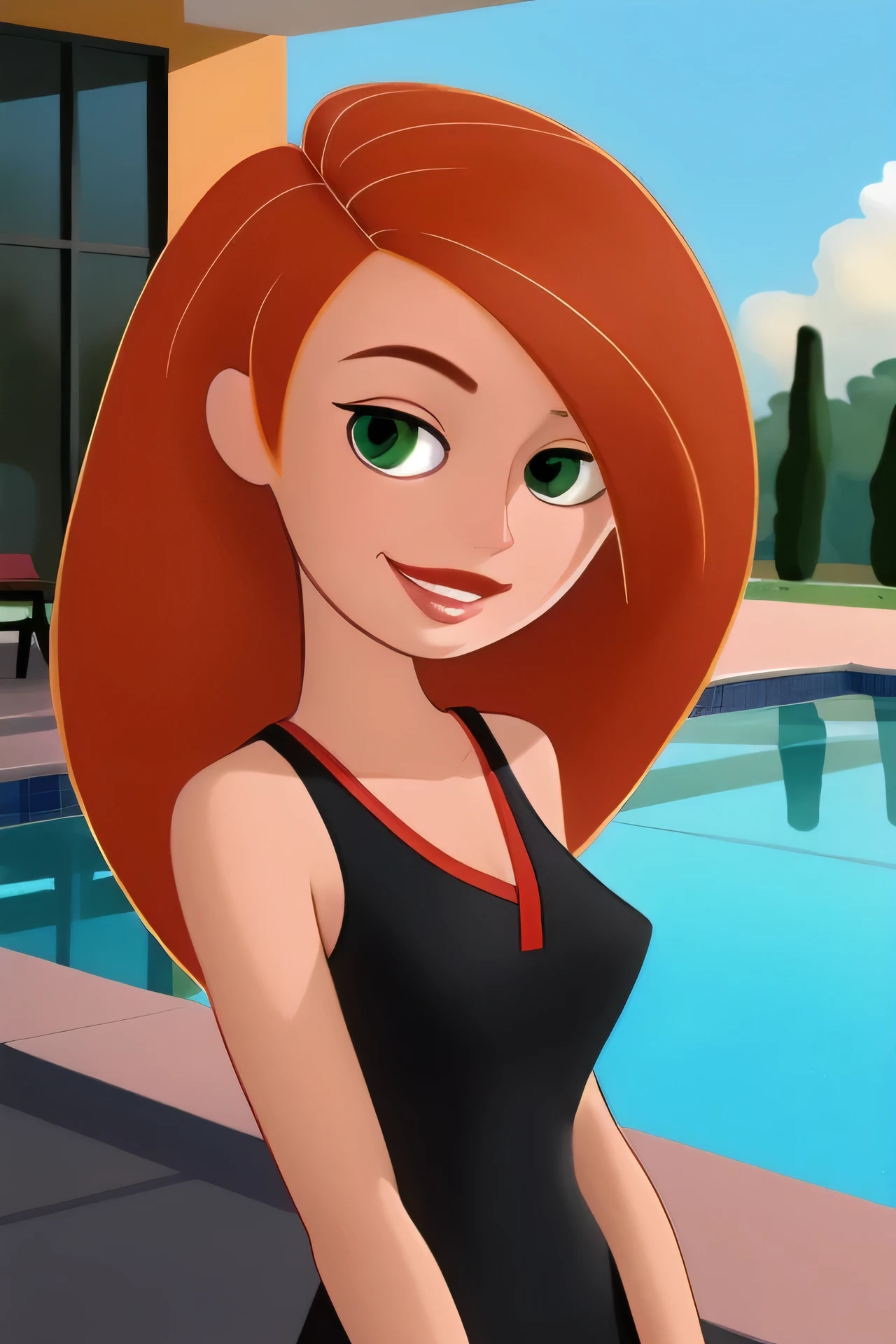 (masterpiece, best quality:1.3), 1girl, looking at viewer, kimberly ann possible, parted lips, upper body, standing, collarbone, bare shoulders, blush, colored skin, orange hair, long hair, absurdly long hair, green eyes, medium breasts, (skindentation:1.2), short black dress, (black dress:1.2), loose clothes, sleeveless, blue sky, clouds, mansion, swimming pool, smile