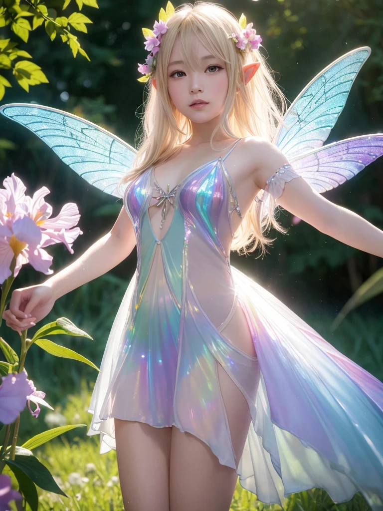 (A glowing blonde fairy floating above a flower (Elf)), Surrounded by colorful flowers, ((A girl with a pair of beautiful, transparent, shiny wings on her back.))、翼からShine鱗が飛ぶ, (A rainbow-colored dress that shines through the light), Wavelength dispersion, colored glaze, Multicolor prism effect, Rainbow Core, iris, Highly detailed background，Realistic，Ultra-detailed，Highly detailed skin，Shine，Film Grain，According to II，Lens flare，sharp，Shadows in the movie