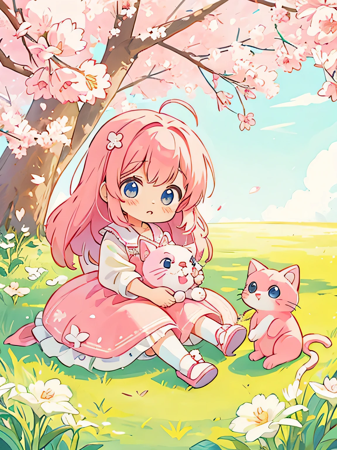 Momoko Sakura style, kawaii design, lovely kitten, Beautiful spring noon
