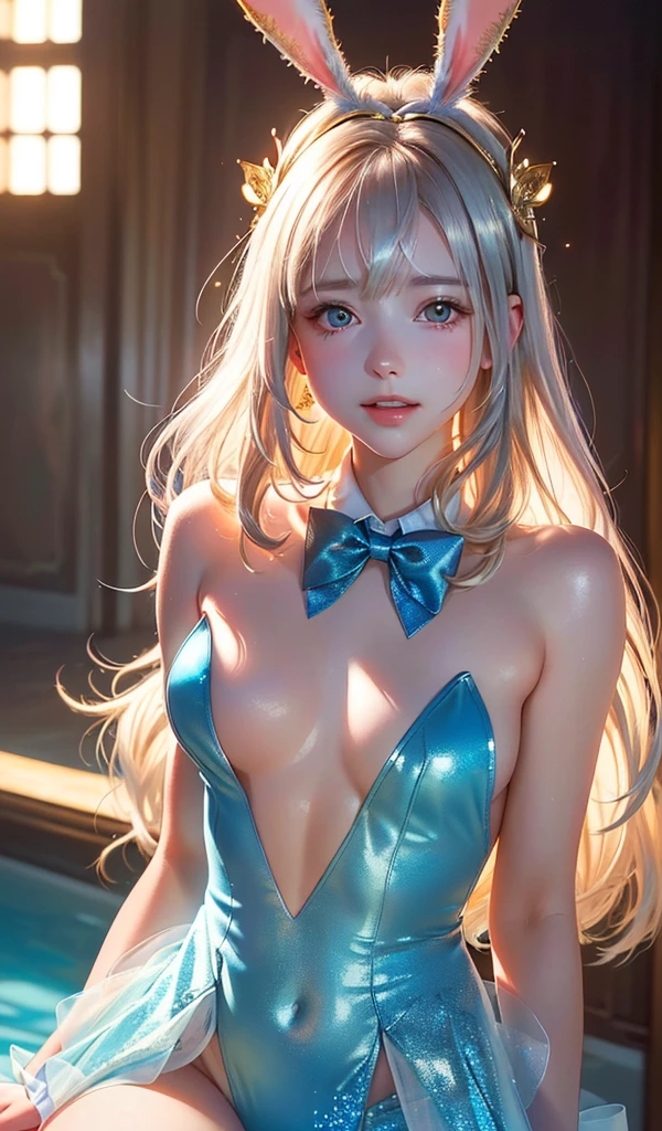 masterpiece, best quality, extremely detailed CG unity 8k wallpaper, (Upper Body head close-up shot of a beautiful ***********), , Elegant Long straight blonde hair, (Mckenna Grace), (flat chest,thighs,dark_skin), (Silver-blue) golden (Glittering tutu,long Bunny Ear Headgear, , Bow-tie, No panties, genitals visible), (spread legs), (Blush), oil skin, (seductive smile), (Wonderland), pretty face, key art, award winning, intricate detail realism hdr, by (ruan jia and artgerm and range murata), Photorealism, Hyperrealism, ultra realistic, dramatic light, intense shadows, gorgeous view, depth of field
 
