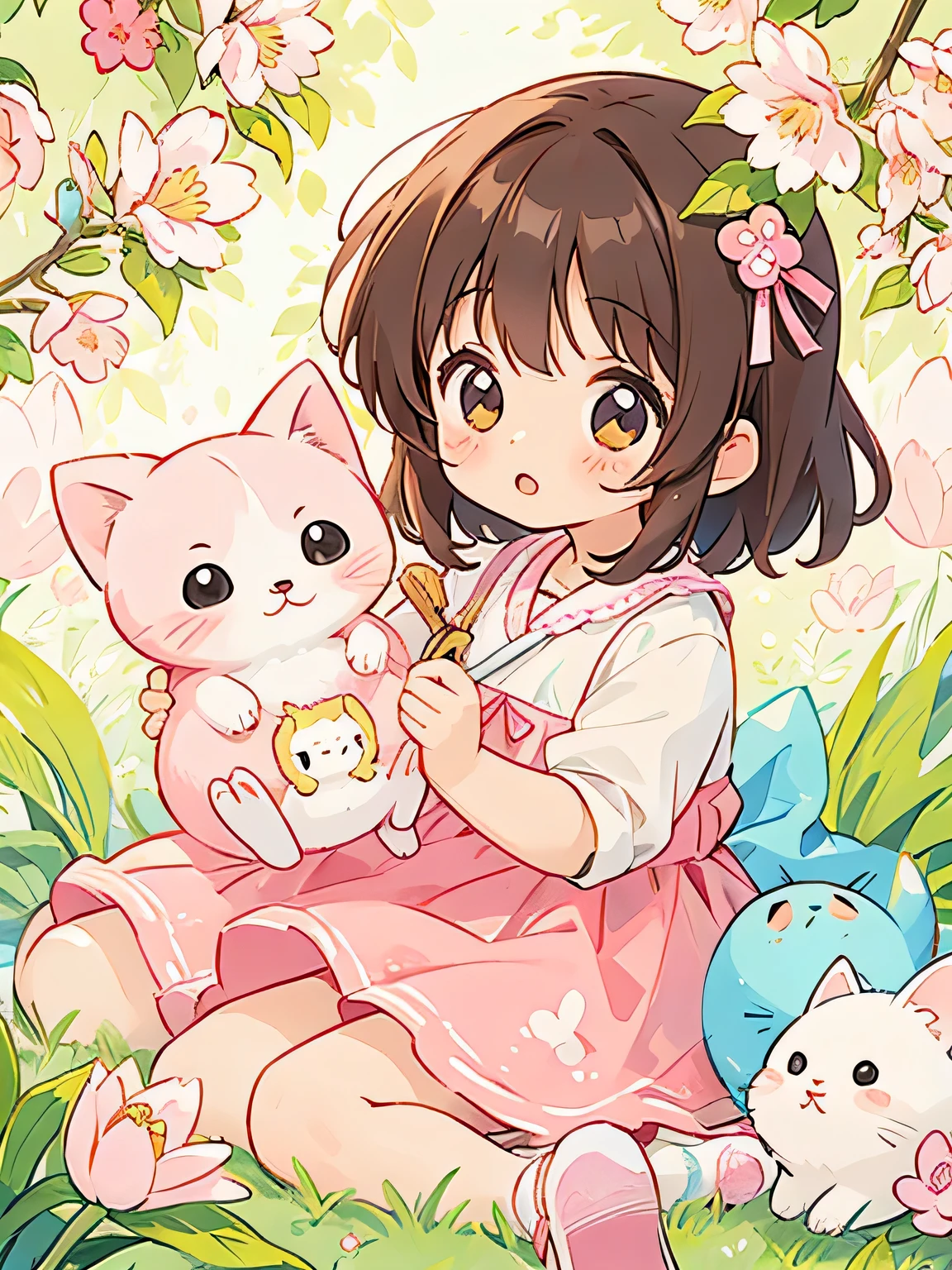 Momoko Sakura style, kawaii design, lovely kitten, Beautiful spring noon