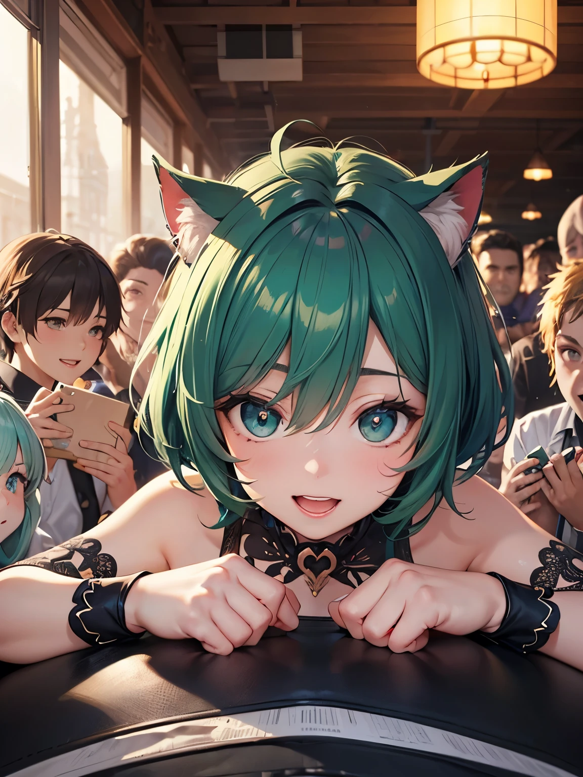 highest quality,wonderful,masterpiece,delicate,ultra high resolution,Super detailed,intricate details,beautiful,8K resolution,(Highly detailed CG Unity 8K wallpaper),sharp focus、anime、fiction、one woman、dark green hair、short hair、Cat ear、Face close-up、Highlight the face、Vibrant Hair、Shaggy hair、Messy Hair、Vibrant Skin、Glowing Skin、 sexy、Lolita、Short、Young、Beautiful Eyes、happiness、Pleasure、smile、woman of the masses、Lots of women around、Thousands of women around her grab her breastasterpiece、highest quality、very detailed、molestation、crowd surfing、very realistic face、very realistic eyes、There is a very large group of women around her.、squeezed the breastasterpiece、highest quality、very detailed、1 girl、women around her、aperture body、Be beaten、beautiful feet、