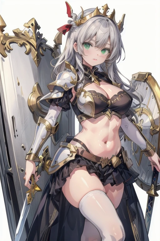 masterpiece,best quality, knight, long hair, silver hair, green eyes,((1girl)), (white_armor), golden ornaments, sword, shield, ((holding sword)), ((big breasts)), exposed belly, 1girl, cleavage, legs exposed, ((shield-over_arm)), ((Perfect face)), (white background:1.5),add_detail:1, add_detail:0, add_detail:0.5