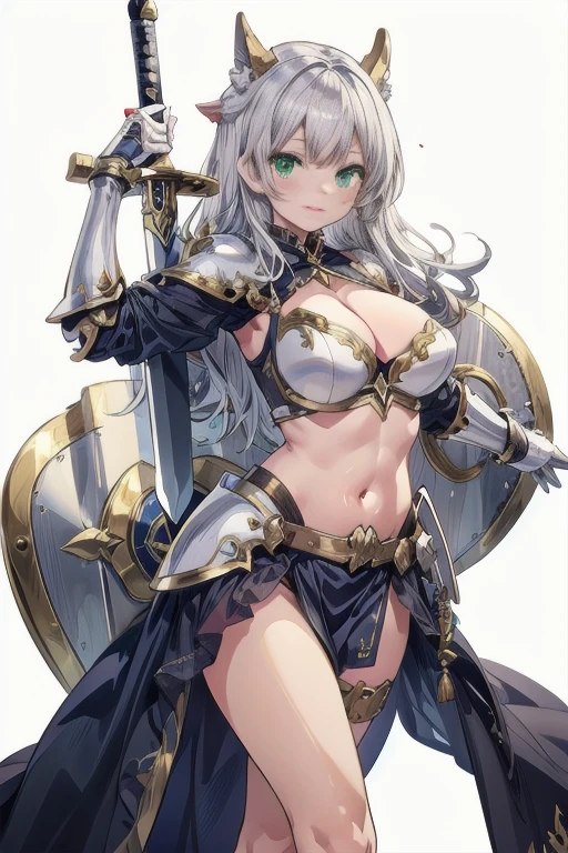 masterpiece,best quality, knight, long hair, silver hair, green eyes,((1girl)), (white_armor), golden ornaments, sword, shield, ((holding sword)), ((big breasts)), exposed belly, 1girl, cleavage, legs exposed, ((shield-over_arm)), ((Perfect face)), (white background:1.5),add_detail:1, add_detail:0, add_detail:0.5
