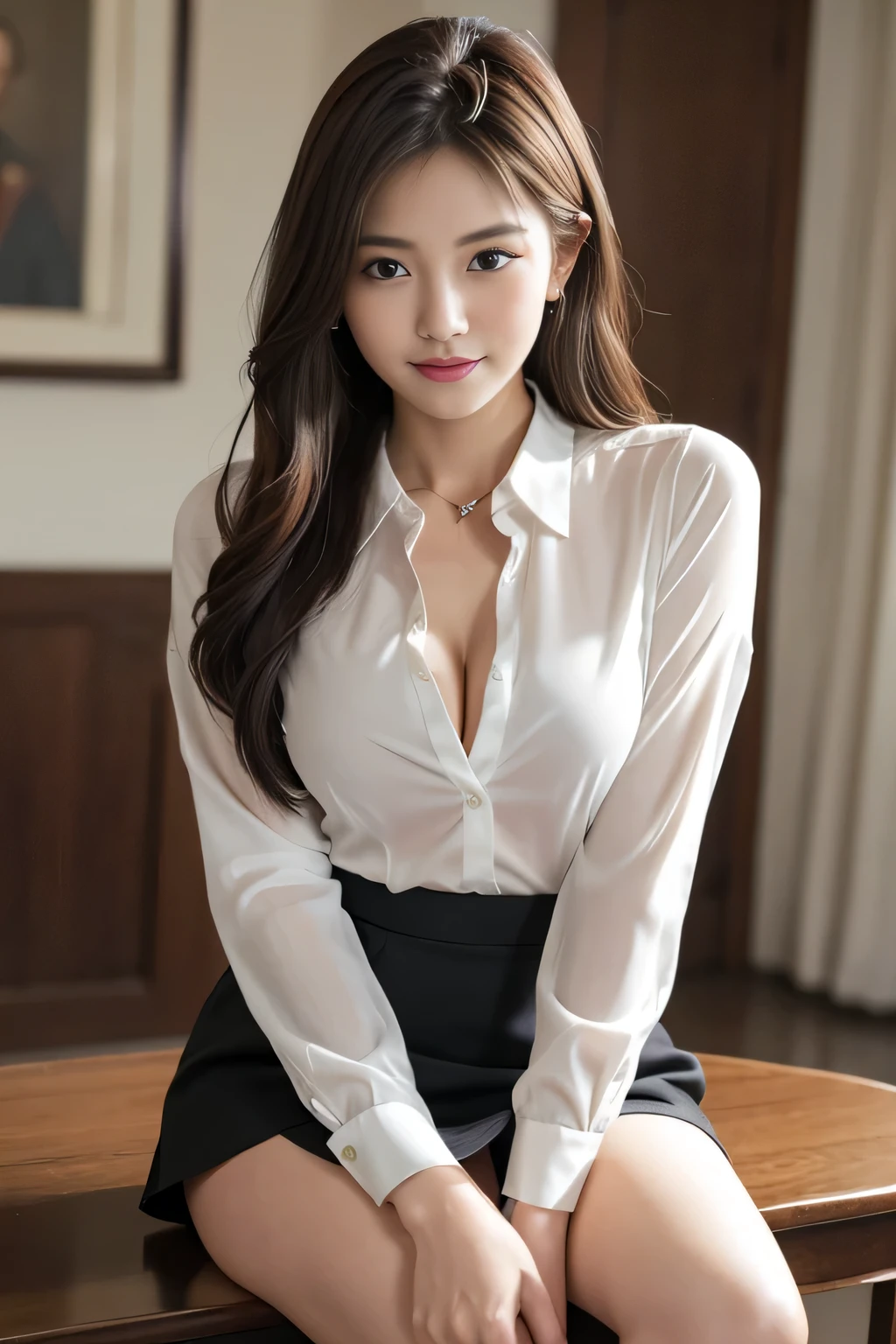 Tabletop, highest quality, Realistic, Very detailed, finely, High resolution, 8k wallpaper, One beautiful woman,, Light brown messy hair, He is wearing a black see-through dress shirt with an open collar....., Sharp focus, Perfect dynamic composition, Beautiful and detailed, Thinning hair, Detailed Realistic skin texture, smile, Close-up portrait, Model Body Type、president&#39;secretary、mini skirt、High heels、