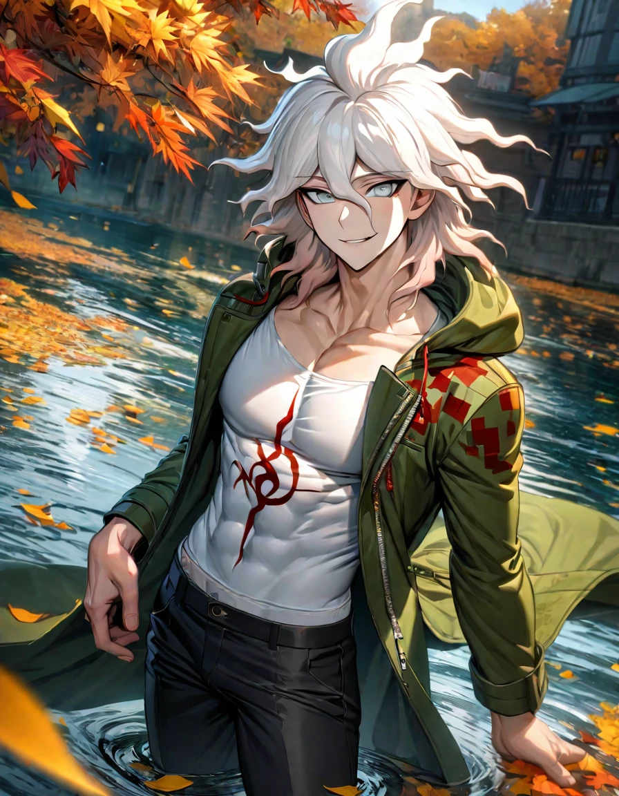 Ultra detailed, highres, absurdres, HDR, Komaeda Nagito, white hair, silver eyes, white tight shirt, green long coat, Danganronpa, water, autumn, petals, orange and yellow leaves, sexy man, solo, extremely handsome, very detailed face and eyes, black pants, toned chest, smirking,