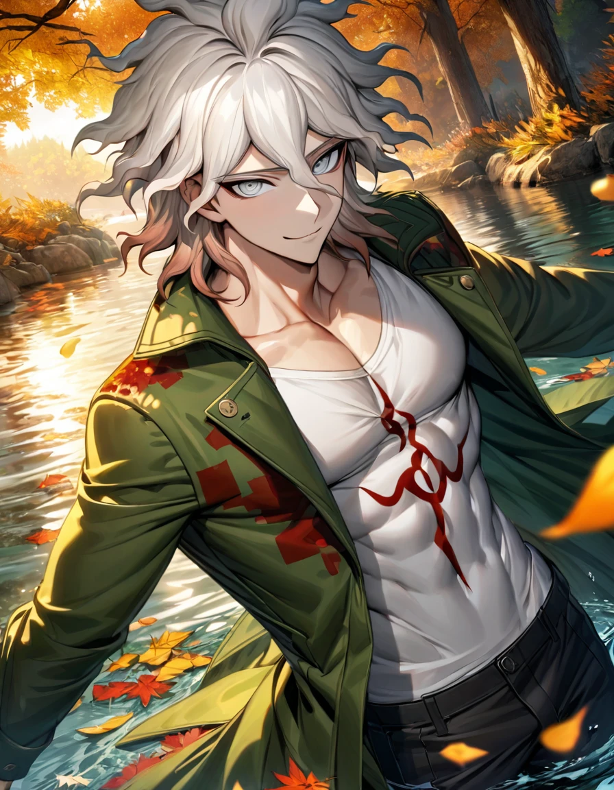 Ultra detailed, highres, absurdres, HDR, Komaeda Nagito, white hair, silver eyes, white tight shirt, green long coat, Danganronpa, water, autumn, petals, orange and yellow leaves, sexy man, solo, extremely handsome, very detailed face and eyes, black pants, toned chest, smirking,