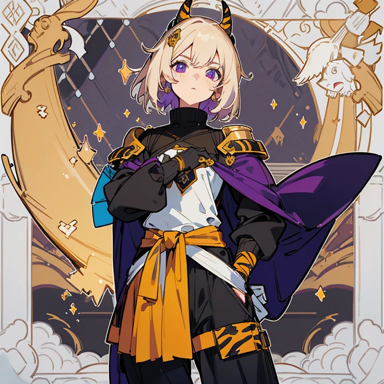 ((mejor calidad)), ((Obra maestra)), (detallado), cara perfecta ((ojos morados)) ((hombre)) ((pechera oscura con detalles en dorado)) ((hombreras negras con detalles en dorado)) ((pelo degradado de negro a morado)) ((reinforced dark gloves as a mitten)) (( guardabrazo oscuro con detalles en dorado)) ((botas oscuras con morado)) ((detalles con morado en el cuerpo)) ((black sweater under the chest and shoulder pads and with a purple line under the arm)) ((pantalon cargo o joggers)) ((cara seductora))