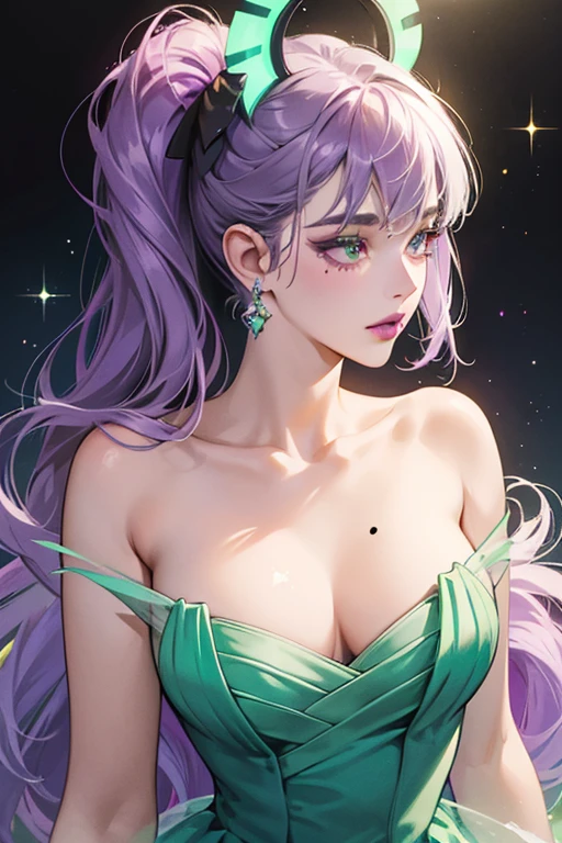 She has dark olive green-colored skin and an orange-pink,. She has a purplish-blue bow on her shell as well. She wears light blue lipstick and has blue eyes and straight black eyelashes. SPARKLE; GLITTER