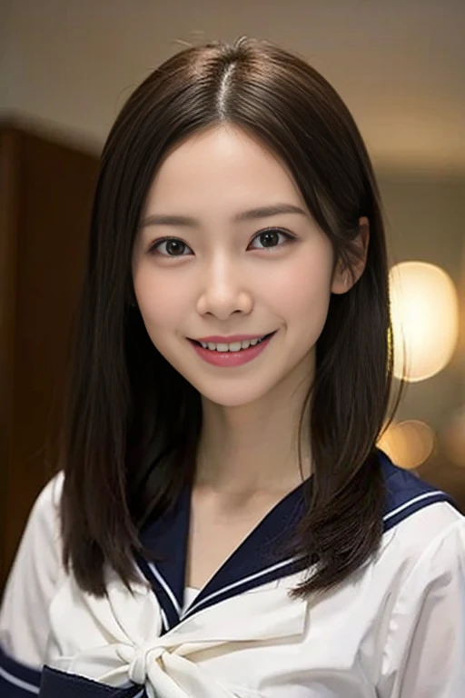 (8k、Raw photo、highest quality、masterpiece:1.2)、(Realistic、Photorealistic:1.37)、Ultra-detailed、超A high resolution、1 girl、Seeing the viewer、Beautifully detailed face、Laughter、narrow、(Narrow waist) :1.3)、beautiful detailed skin、Skin Texture、floating hair、Professional Lighting、Human whole body、Long Hair、Blonde、Japanese Height 、high school girl、Japanese Height 、high school girl、Sailor suit、bob hair、Children's room、Smile、15-year-old student、Cute Smile、E cup breasts、Portaire