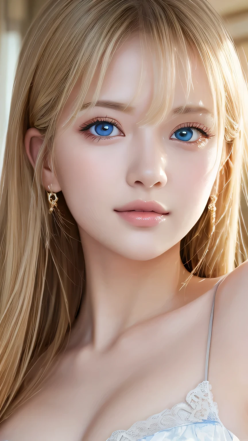 Mastepiece, Best Quality, Illustration, Super detailed, Fine details, High resolution, 8K Denden Wallpaper, Perfect dynamic composition, Beautiful detailed bright sparkling pale sky blue eyes, Women&#39;s Fashion Summer,Super long platinum blonde hair、Bangs between the eyes、,Big Breasts、Natural color lip, Bold sexy pose,A shy smile,Cute、20 year old girl、Small Face Girl、Sexy shot looking at the camera、Cheek highlighter