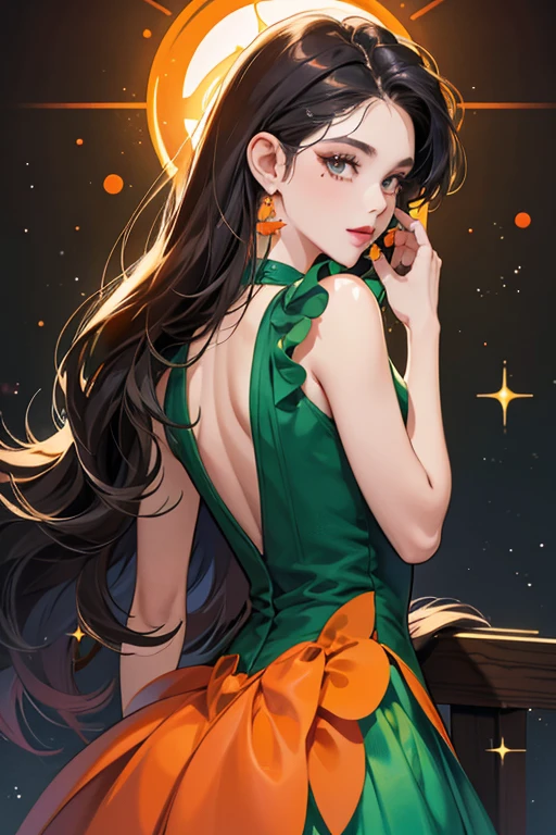 She is a dark orange with orange fins, plum lips, a mole on her right cheek, and dark gray hair. She wears a dark green dress. SPARKLE; GLITTER