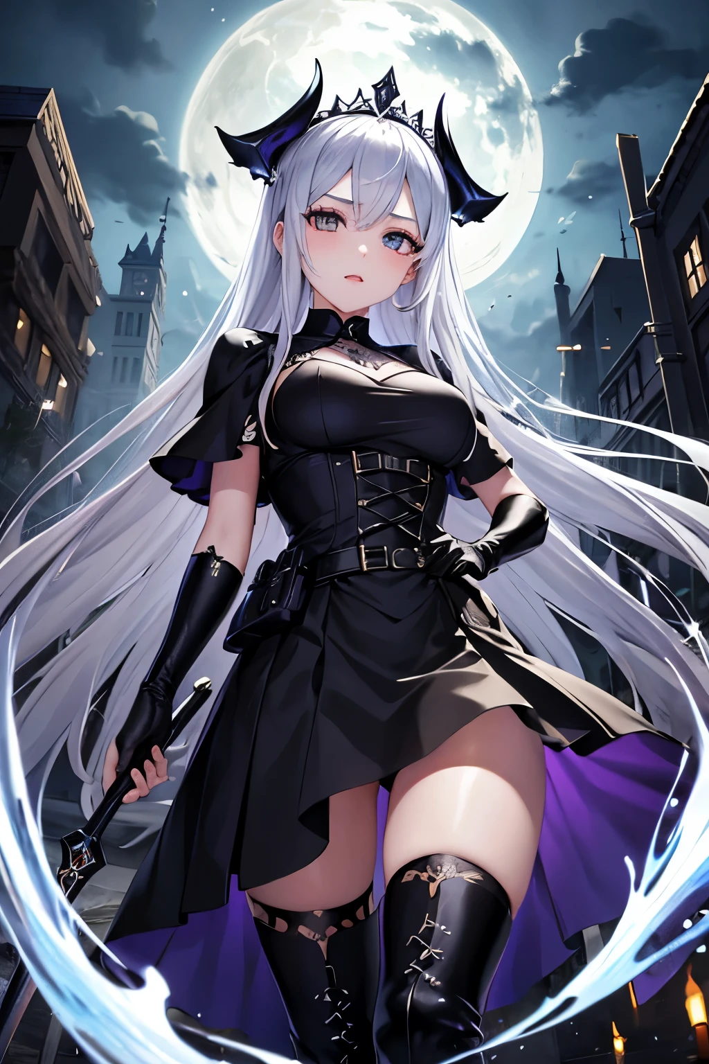 （（（highest quality、Masterpiece、Normal body、8k、Detailed face、Ultra-precision、Normal hand、Normal finger、５Finger、supreme）））Golden and silver hair、Princess、Gorgeous Dress、Racy hiny Tiara、night armor、metal boots、Grim Reaper、grim Reaper、Helper Reaper、背後にgrim Reaperの軀、背景にgrim Reaperの躯、後ろにgrim Reaperの骸、バックにgrim Reaper、grim Reaperの背景、chaos