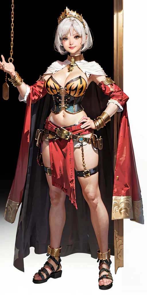 ((BLACK BACKGROUND 1:2, masterpiece)) 1solo female full body standing straight symmetrical with two long thighs and two metal sandals, red eyes like rubies, looking to the viewer, silver white hair, short bob style hair, big knockers breastplate, breastplate, cleavage, tiara royal, long cape up to two feet, yellow bikini (yellow tiger stripes), lustful smirking smiling, smile face (red blushed, red cheeks), pauldrons metal shoulders, gold sleeveless bracelets, separate sleeves, hands on waist hands OR hips, golden bracers, metal handcuffs, leather corset, red loincloth, black leather choker slave collar, shackles bracelets, slave red crest under navel, navel, big belt around waist OR hips, feet together, metal ankles