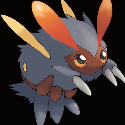 Type: Electric, Type: Dark Fairy Egg Group: No eggs discovered, is a pokemon creature that It has a series of Brown pouches along its sides that inflate to display dominance or during courtship rituals,The creature's gaze can cast a Silver reflection on surfaces capturing its mood and essence,The creature can emit a yellow (orange:0.8) glow from the tips of its antennae, which is used to navigate and communicate in the dark,The creature's claws are retractable and sharp enough to cut through steel,It has a patch of fur on its chest that shimmers with a Red hue symbolizing its heart's purity score_9, score_8_up, score_7_up, score_6_up, score_5_up, score_4_up. Simple black background, (Masterpiece:1.3) (best quality:1.2) (high quality:1.1)