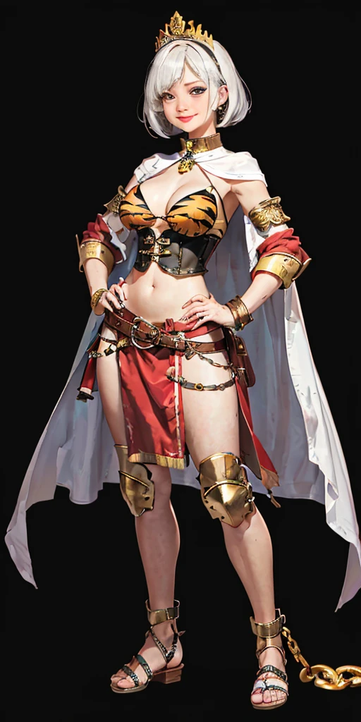 ((BLACK BACKGROUND 1:2, masterpiece)) 1solo female full body standing straight symmetrical with two long thighs and two metal sandals, red eyes like rubies, looking to the viewer, silver white hair, short bob style hair, big knockers breastplate, breastplate, cleavage, tiara royal, long cape up to two feet, yellow bikini (yellow tiger stripes), lustful smirking smiling, smile face (red blushed, red cheeks), pauldrons metal shoulders, gold sleeveless bracelets, separate sleeves, hands on waist hands OR hips, golden bracers, metal handcuffs, leather corset, red loincloth, black leather choker slave collar, shackles bracelets, slave red crest under navel, navel, big belt around waist OR hips, feet together, metal ankles