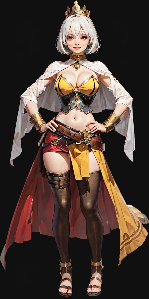 ((BLACK BACKGROUND 1:2, masterpiece)) 1solo female full body standing straight symmetrical with two long thighs and two metal sandals, red eyes like rubies, looking to the viewer, silver white hair, short bob style hair, big knockers breastplate, breastplate, cleavage, tiara royal, long cape up to two feet, yellow bikini (yellow tiger stripes), lustful smirking smiling, smile face (red blushed, red cheeks), pauldrons metal shoulders, gold sleeveless bracelets, separate sleeves, hands on waist hands OR hips, golden bracers, metal handcuffs, leather corset, red loincloth, black leather choker slave collar, shackles bracelets, slave red crest under navel, navel, big belt around waist OR hips, feet together, metal ankles