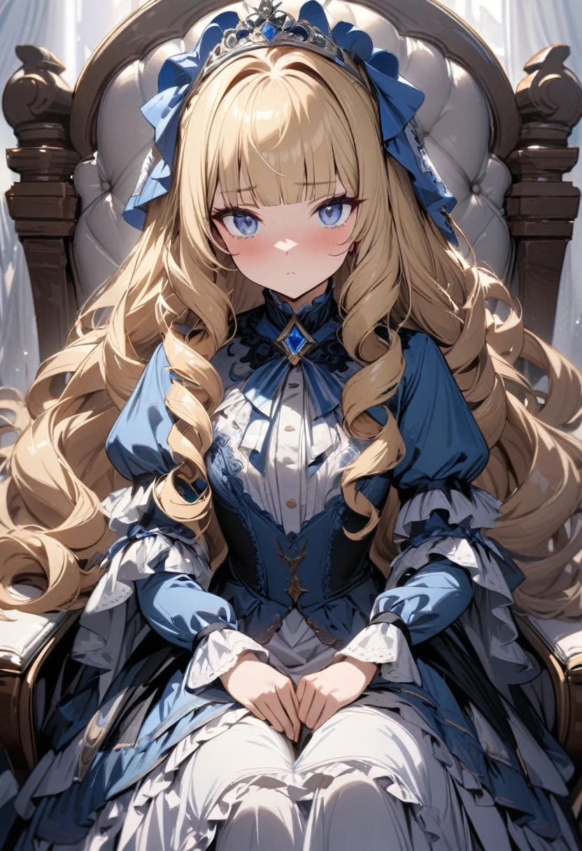 masterpiece, best quality, ultra-detailed, 1girl, , princess, blonde, long hair, curly hair, blunt bangs, tiara, blue eyes, no expression, blue victorian dress, long frilled skirt, sitting on chair, from front