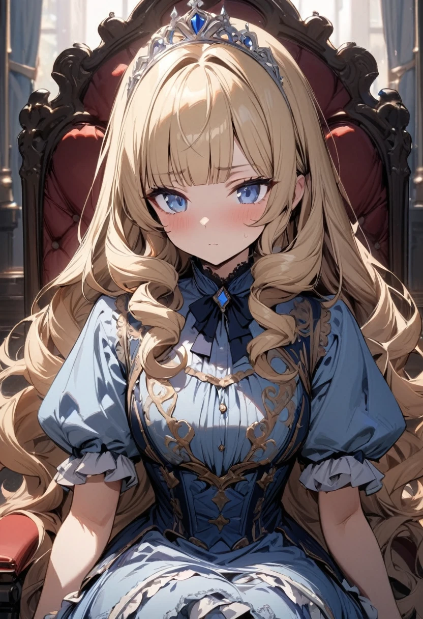 masterpiece, best quality, ultra-detailed, 1girl, , princess, blonde, long hair, curly hair, blunt bangs, tiara, blue eyes, no expression, blue victorian dress, long frilled skirt, sitting on chair, from front