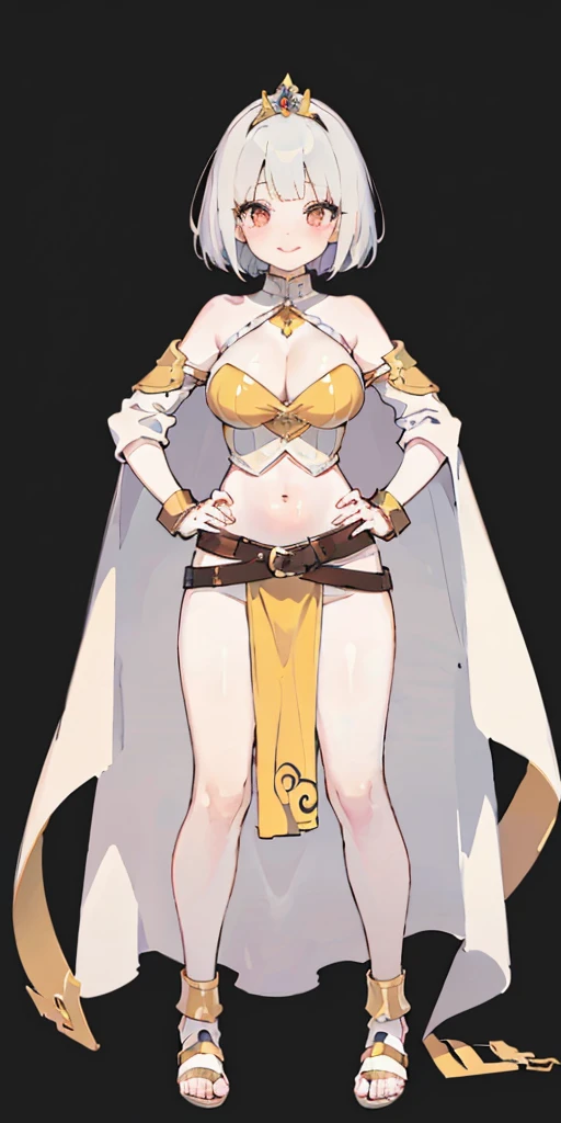 ((BLACK BACKGROUND 1:2, masterpiece)) 1solo female full body standing straight symmetrical with two long thighs and two metal sandals, red eyes like rubies, looking to the viewer, silver white hair, short bob style hair, big knockers breastplate, breastplate, cleavage, tiara royal, long cape up to two feet, yellow bikini (yellow tiger stripes), lustful smirking smiling, smile face (red blushed, red cheeks), pauldrons metal shoulders, gold sleeveless bracelets, separate sleeves, hands on waist hands OR hips, golden bracers, metal handcuffs, leather corset, red loincloth, black leather choker slave collar, shackles bracelets, slave red crest under navel, navel, big belt around waist OR hips, feet together, metal ankles