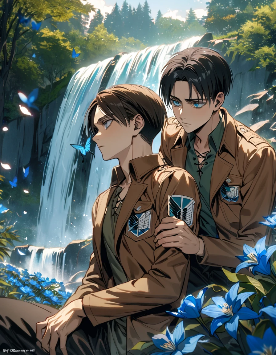 absurdres, highres, ultra detailed, HDR, masterpiece, extremely detailed face and eyes, Eren Yeager, brown hair, expressive turquoise eyes, Shingeki No Kyojin, Levi Ackerman, black hair, expressive blue eyes, two sexy men together, gay couple, very handsome, waterfall, blue lilies, petals, trees, butterflies, brown jacket