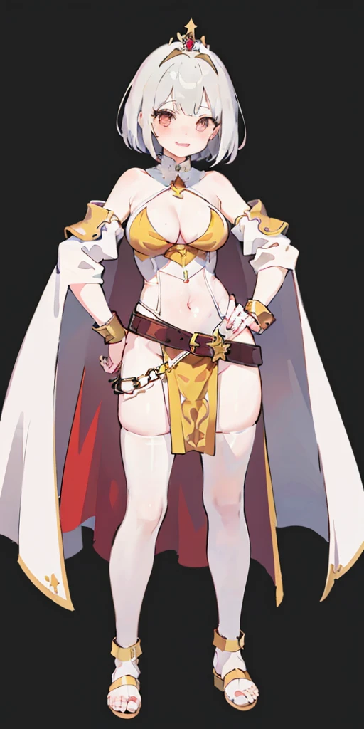 ((BLACK BACKGROUND 1:2, masterpiece)) 1solo female full body standing straight symmetrical with two long thighs and two metal sandals, red eyes like rubies, looking to the viewer, silver white hair, short bob style hair, big knockers breastplate, breastplate, cleavage, tiara royal, long cape up to two feet, yellow bikini (yellow tiger stripes), lustful smirking smiling, smile face (red blushed, red cheeks), pauldrons metal shoulders, gold sleeveless bracelets, separate sleeves, hands on waist hands OR hips, golden bracers, metal handcuffs, leather corset, red loincloth, black leather choker slave collar, shackles bracelets, slave red crest under navel, navel, big belt around waist OR hips, feet together, metal ankles