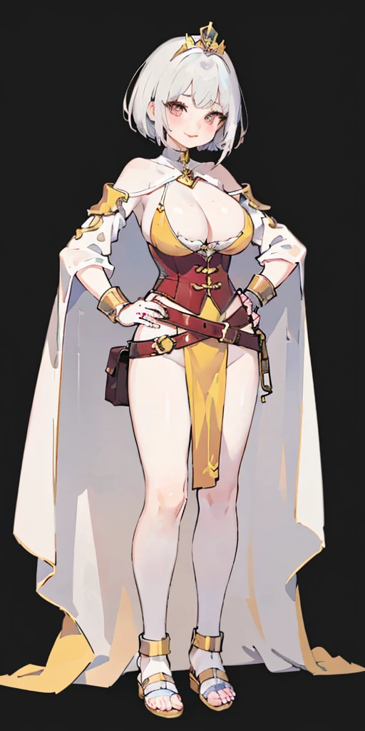 ((BLACK BACKGROUND 1:2, masterpiece)) 1solo female full body standing straight symmetrical with two long thighs and two metal sandals, red eyes like rubies, looking to the viewer, silver white hair, short bob style hair, big knockers breastplate, breastplate, cleavage, tiara royal, long cape up to two feet, yellow bikini (yellow tiger stripes), lustful smirking smiling, smile face (red blushed, red cheeks), pauldrons metal shoulders, gold sleeveless bracelets, separate sleeves, hands on waist hands OR hips, golden bracers, metal handcuffs, leather corset, red loincloth, black leather choker slave collar, shackles bracelets, slave red crest under navel, navel, big belt around waist OR hips, feet together, metal ankles