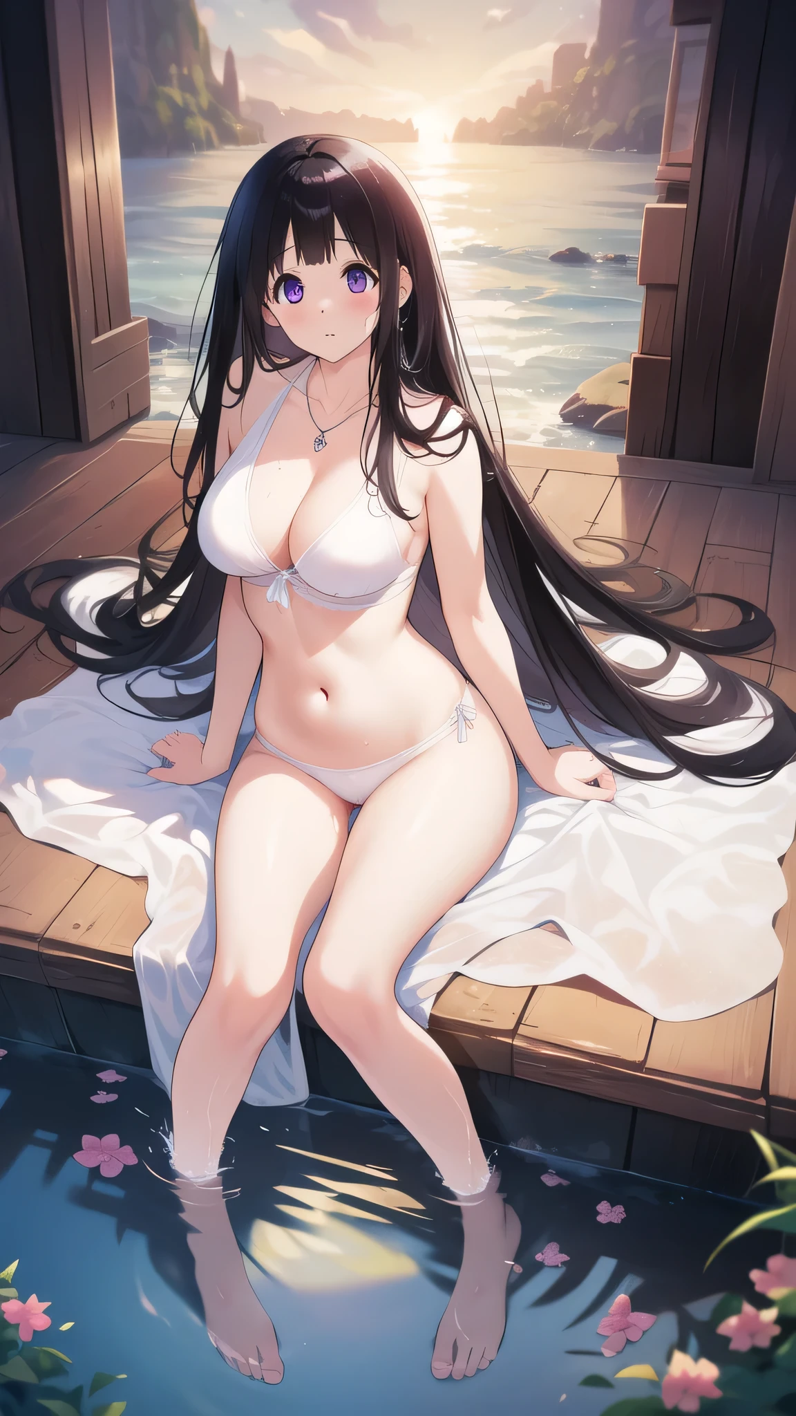 Stunning Chitanda, There is only one beautiful girl,Purple Eyes, Black Hair, Naturally straight hair, Straight bangs,Extremely refined,open your lips,Face is so red,The skin is very white,big eyes,Long flowing hair,beautiful girl, Like a dream,Slim,Soft, (Sensual), (Kawaii), Dream quality,Completely naked,Wearing a necklace,wearing leg rings,Large Breasts,at the seaside,Soaked,Soaked chest,Thigh clamping,Leaked pussy juice,Run down the clear liquid,Fluid on the thighs,No pants,Clavicle exposed,Bare neck,Bare thighs,Exposing the groin,Camel toe,Bare legs,barefoot,extremely shy,Ultra-high resolution, (masterpiece:1.2, best quality), (Delicate and beautiful eyes: 1.2), (Beautiful and delicate face)