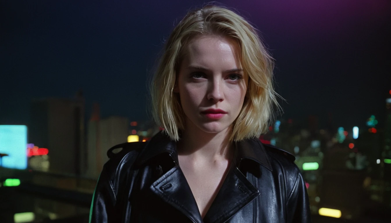 A close-up movie scene of a blonde pale haired ((shoulder-length, straight)) woman, wearing a black leather trench coat, close to the body ((serious expression)) ((Frown)) , standing in the middle of a rooftop, wet and dark atmosphere, light neons, night, cyberpunk style, neon light background sign, cyberpunk city background, dark colors, shot, truth cinema , film grain, shot on Cinestill 800T 35mm