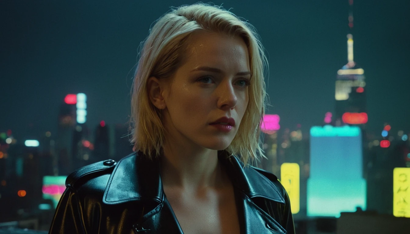 A close-up movie scene of a blonde pale haired ((shoulder-length, straight)) woman, wearing a black leather trench coat, close to the body ((serious expression)) ((Frown)) , standing in the middle of a rooftop, wet and dark atmosphere, light neons, night, cyberpunk style, neon light background sign, cyberpunk city background, dark colors, shot, truth cinema , film grain, shot on Cinestill 800T 35mm