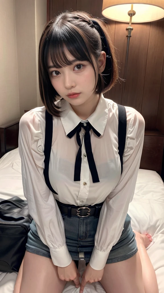 muste piece, best quality, illustration, Super detailed, fine details, High resolution, 8K,wall paper, perfect dynamic composition,(Details High quality, realistic depiction of eyes:1.3), (Fashionable, a belt black suspenders, Aside Cutter Shirt, a miniskirt, garterbelts), short bob hair, black hair color, Big Natural Color Lip, (perfect body shape), crying a little、cold gaze, Harajuku style、20 year old girl、cute type、ta、beautiful legs, hotel room, Gravure Idol, Voluptuous thighs, large hip, getting pounded from behind, on all fours