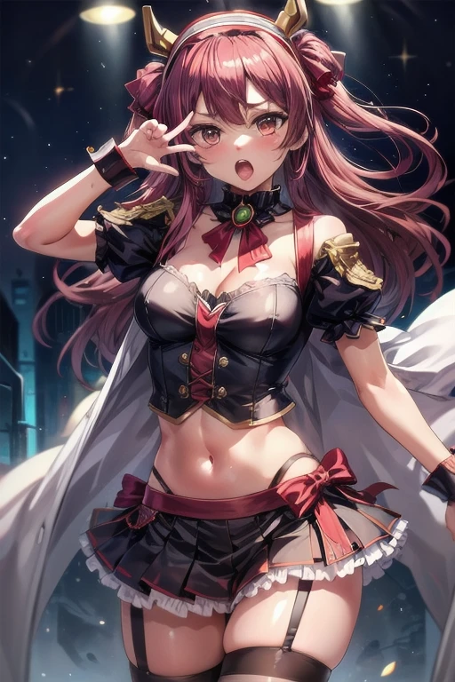 (masterpiece:1.2), (best quality:1.2), girl, solo, long hair, open mouth, skirt, thighhighs, ribbon, navel, red hair, hairband, midriff, striped, :o, wrist cuffs, garter straps, striped thighhighs
