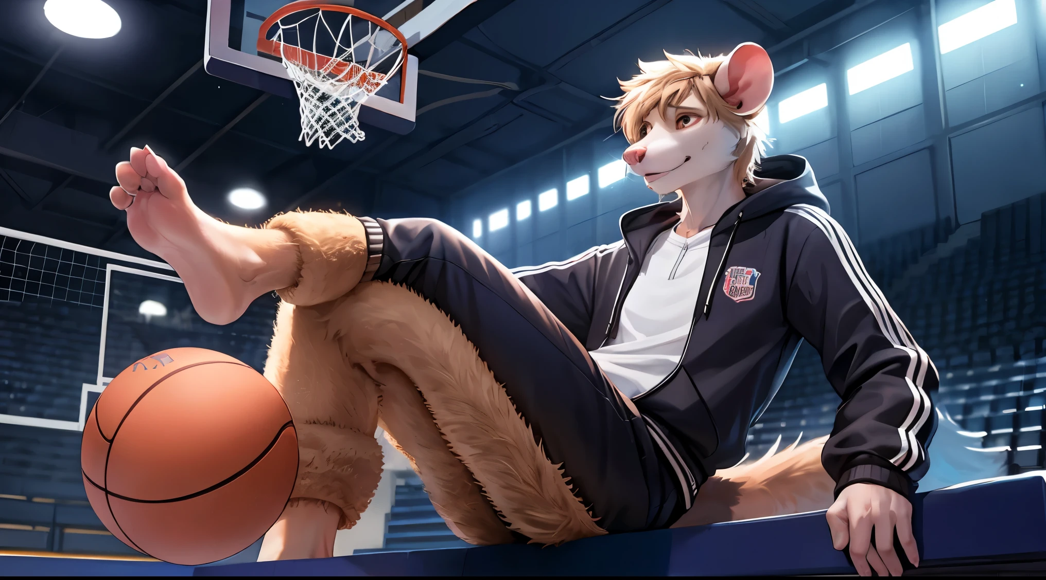 Male possum tracksuit big hairy tail hairy legs hairy ears good ambient light, piel ultra detallada、Volumetric lights are very detailed.,Arte peludo de la mejor calidad, jugador de baloncesto 