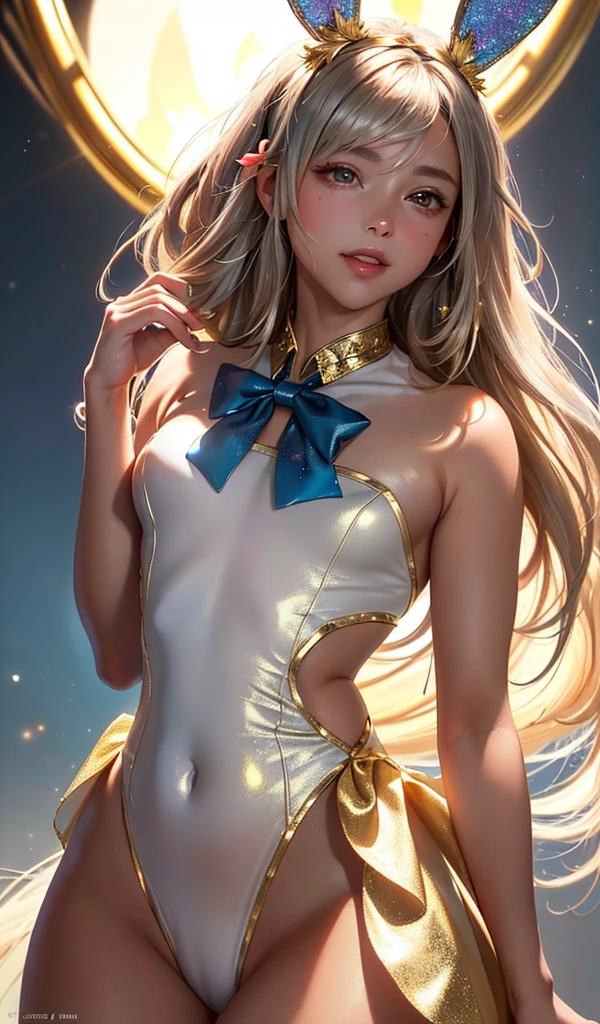 masterpiece, best quality, extremely detailed CG unity 8k wallpaper, (Upper Body head close-up shot of a beautiful girl),((dark_skin)) , Elegant Long straight blonde hair, (Mckenna Grace), (flat chest,thighs), (Silver-blue) golden (Glittering tutu,long Bunny Ear Headgear, , Bow-tie, No panties, genitals visible), (spread legs), (Blush), oil skin, (seductive smile), (Wonderland), pretty face, key art, award winning, intricate detail realism hdr, by (ruan jia and artgerm and range murata), Photorealism, Hyperrealism, ultra realistic, dramatic light, intense shadows, gorgeous view, depth of field