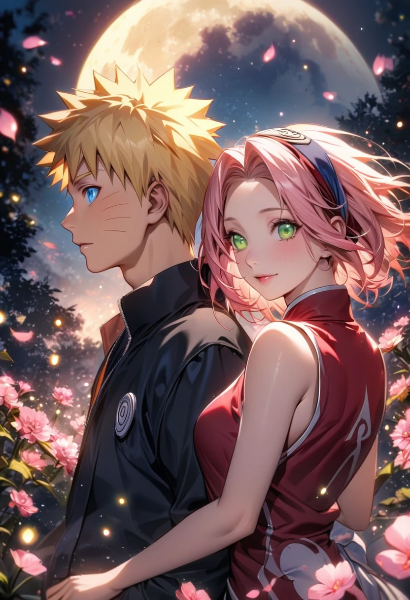 Ultra detailed, highres, absurdres, HDR, Haruno Sakura, pink short hair, green eyes, Uzumaki Naruto, blue eyes, blond hair, Naruto Shippuden, pink flowers, petals, fireflies, moon, 1 woman together with 1 man, couple, handsome, beautiful, very detailed face and eyes