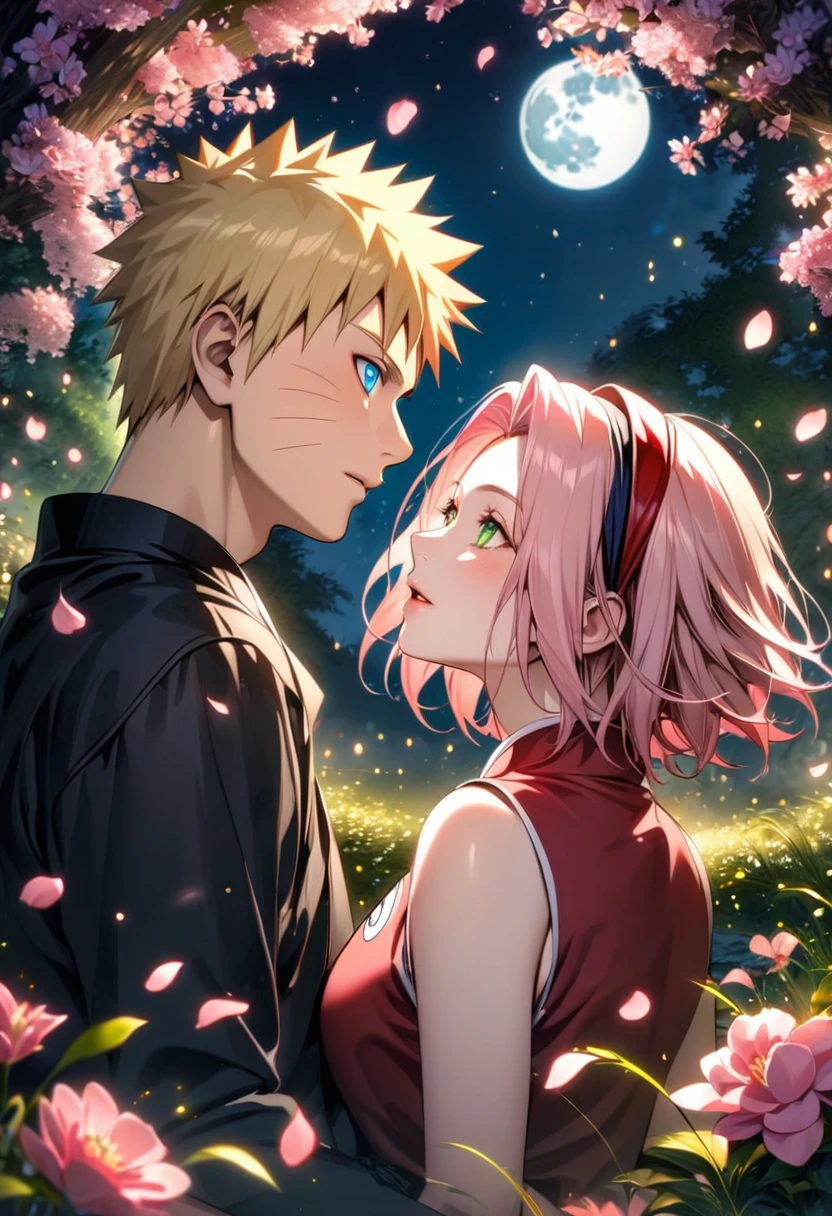 Ultra detailed, highres, absurdres, HDR, Haruno Sakura, pink short hair, green eyes, Uzumaki Naruto, blue eyes, blond hair, Naruto Shippuden, pink flowers, petals, fireflies, moon, 1 woman together with 1 man, couple, handsome, beautiful, very detailed face and eyes