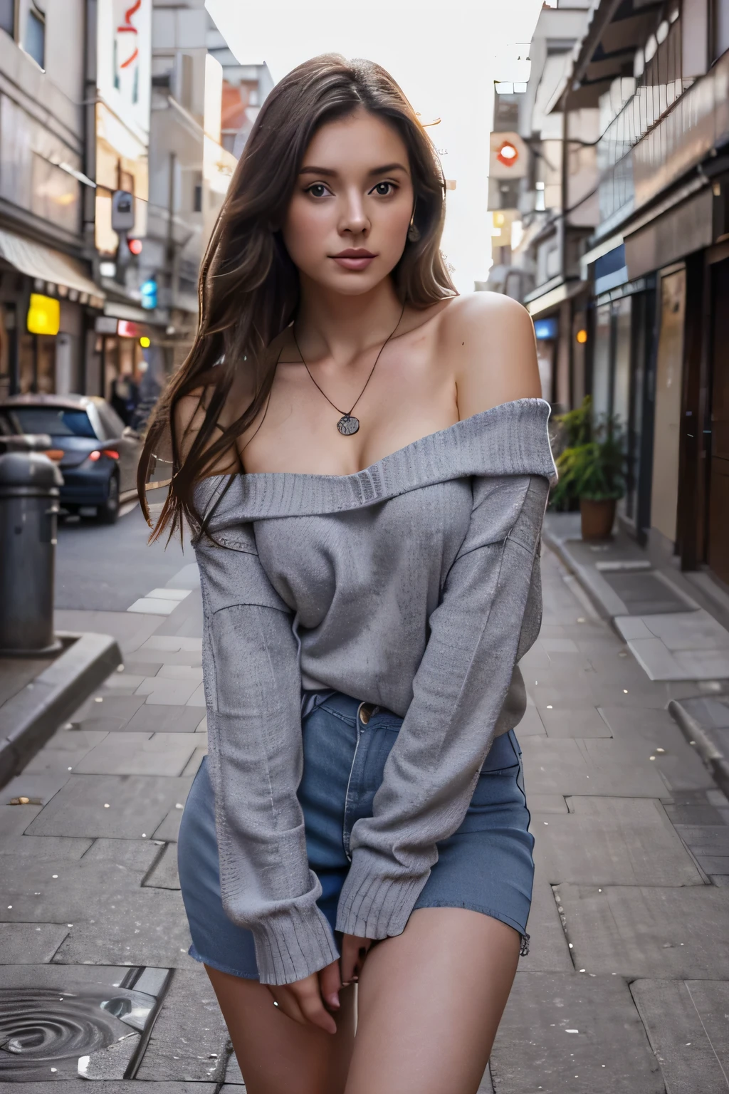 1Girl 24 years old, only, long hair, midsize , looking at viewer, brunette hair, bare shoulders, blue eyes, jewelry, full entire body, necklace, off the shoulder, grey sweater, lips, realistic, nose, flirting with the camera, doing a photoshoot in a japanese city