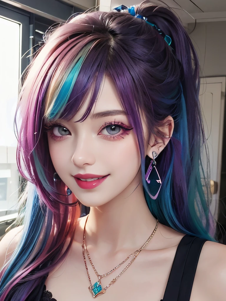 1girl, Holo-Punk Style, rainbow hair, earrings, eyelashes, grin, indoors, jewelry, lips, makeup, necklace, goth