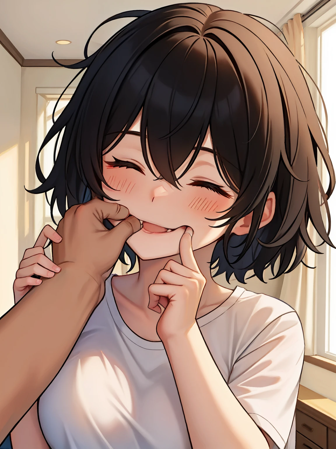 (masterpiece, best quality, high resolution), (illustration:1.0),(perfect hands,perfect anatomy),  perfect lighting, 1girl, solo focus, finger in another's mouth, pov, finger biting, biting, blush, smile, happy, shirt, black hair, short hair, messy hair, eyes closed, indoors, breasts