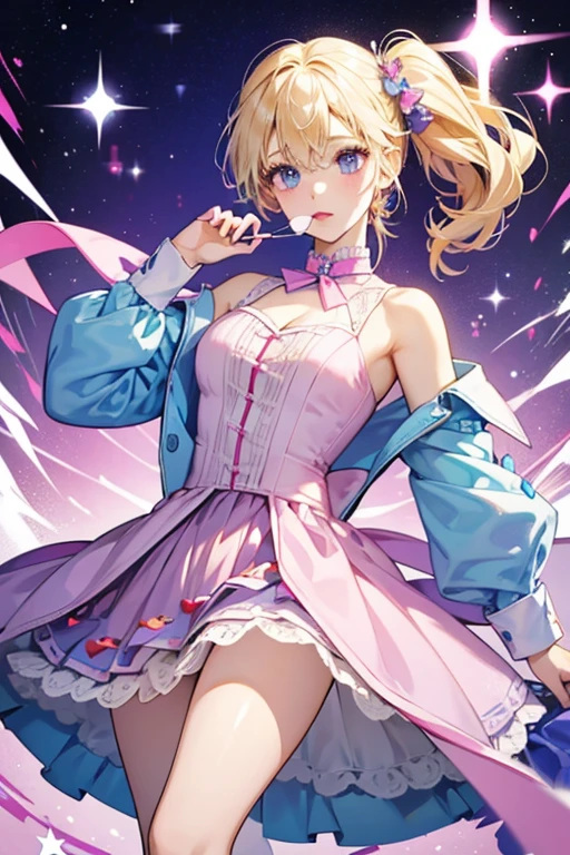 She is a pale blue with blonde hair who wears a hot pink dress and skirt with a white collar. She also regularly carries a purple heart-shaped lollipop. SPARKLE; GLITTER