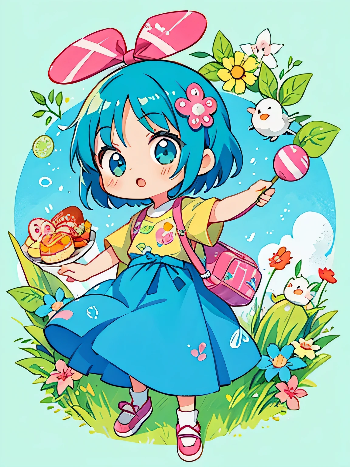 Fujio Akatsuka Style, Kawaii Design, most beautiful girl ever、Chibi, birdie、picnic