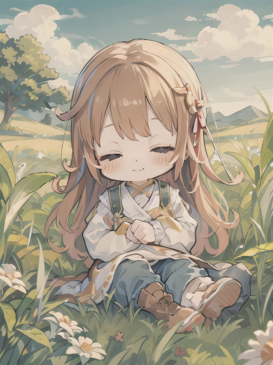 cute、8 year old girl、best smile、Chibi, beautiful anime scene, countryside landscape, Field Background, beautiful anime scenery, Beautiful peace scene in anime, agriculture、farmer、 Sleep with a happy face on the grass、Gentle breeze