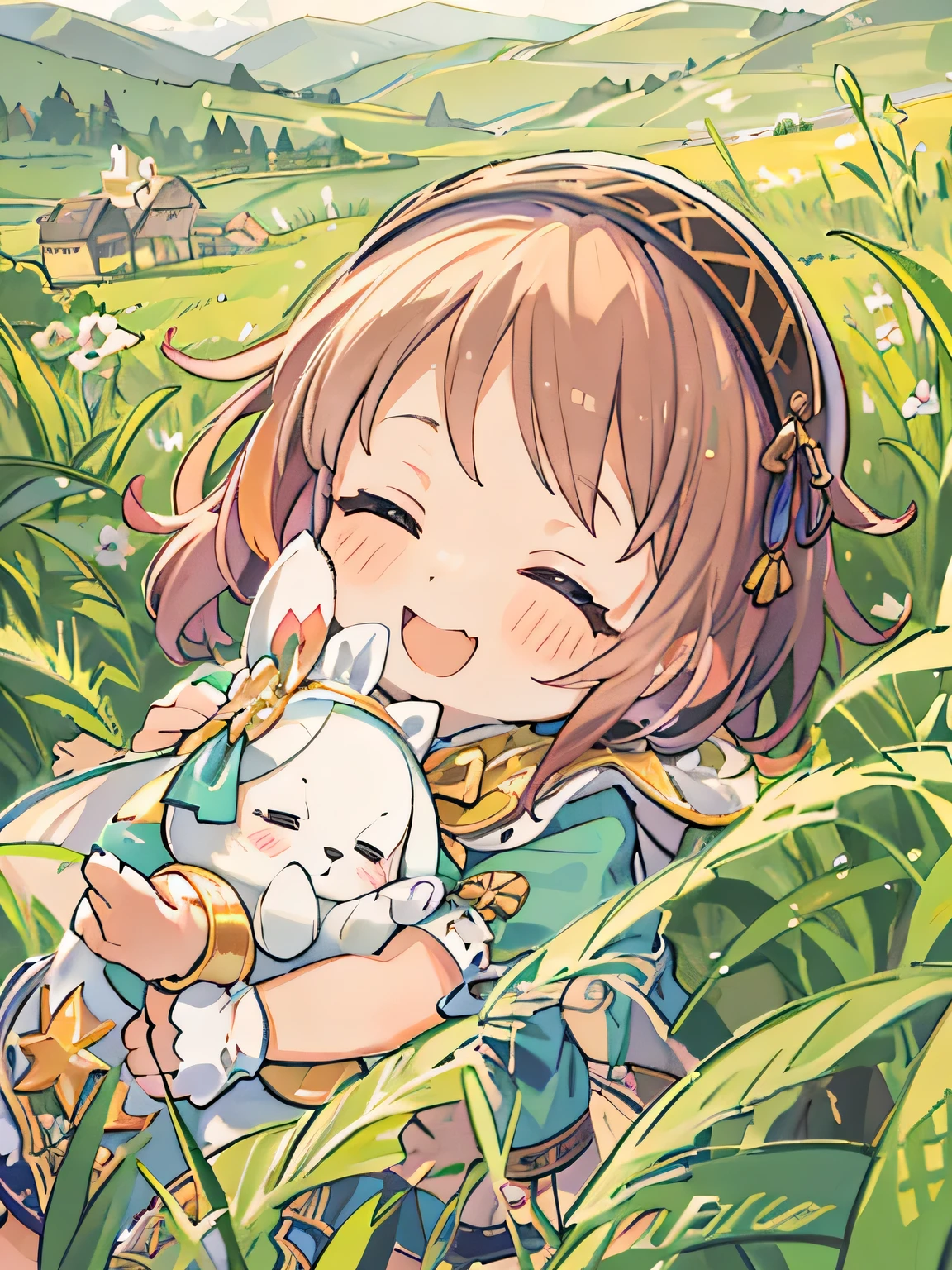 cute、8 year old girl、best smile、Chibi, beautiful anime scene, countryside landscape, Field Background, beautiful anime scenery, Beautiful peace scene in anime, agriculture、farmer、 Sleep with a happy face on the grass、Gentle breeze
