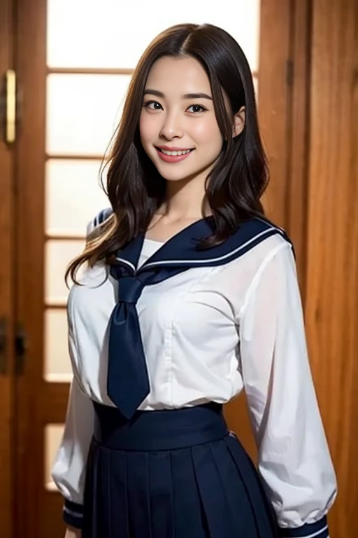 (8k、Raw photo、highest quality、masterpiece:1.2)、(Realistic、Photorealistic:1.37)、Ultra-detailed、超A high resolution、1 girl、Seeing the viewer、Beautifully detailed face、Laughter、narrow、(Narrow waist) :1.3)、beautiful detailed skin、Skin Texture、floating hair、Professional Lighting、Human whole body、Long Hair、Blonde、Japanese Height 、high school girl、Japanese Height 、high school girl、Sailor suit、bob hair、Children's room、Smile、15-year-old student、Cute Smile、E cup breasts、Portaire